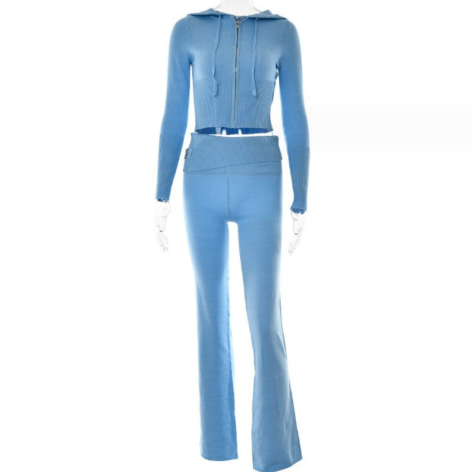 Hoodie Suit Women Leisure Sexy Zip Long Sleeve Sweater And High Waist Long Pants Set - Nyaabs