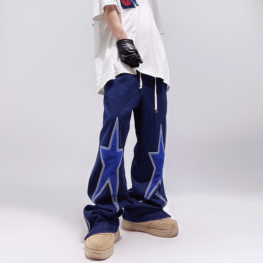 Five-pointed Star Embroidery Denim Horn Loose Straight Casual All-match Mop Trousers Men - Nyaabs