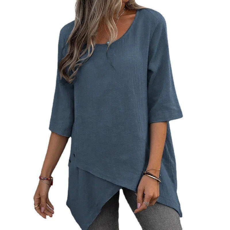 Cotton Linen Round-neck Irregular Shirt Half Sleeve Shirt - Nyaabs