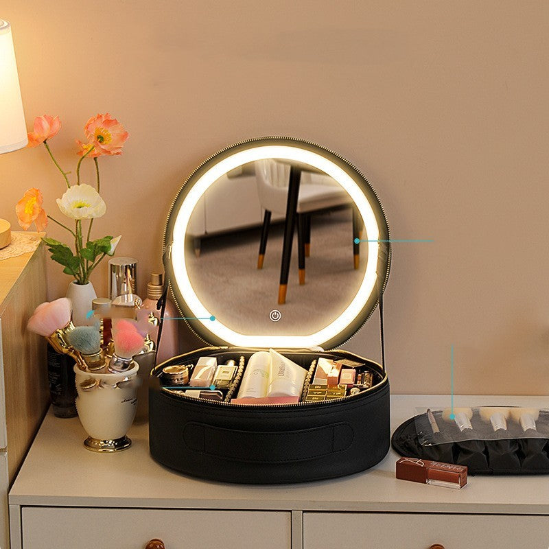 Round Smart LED Makeup Bag With Mirror Lights Women Beauty Bag Large Capacity PU Leather Travel Organizers Cosmetic Case - Nyaabs