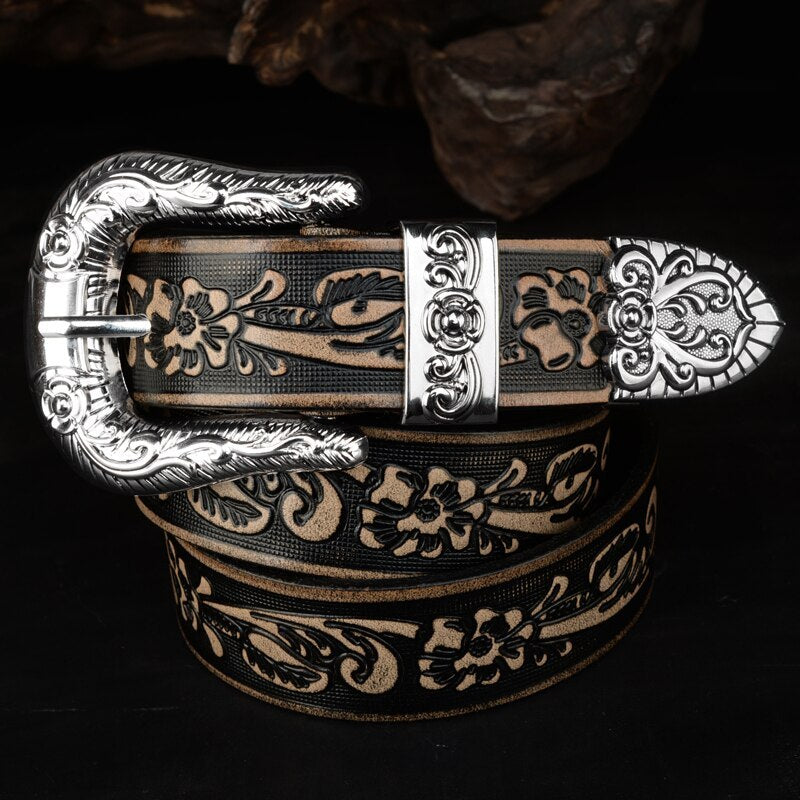 Carved Pin Buckle Leather Belt Head Layer Cowhide Embossed Belt - Nyaabs