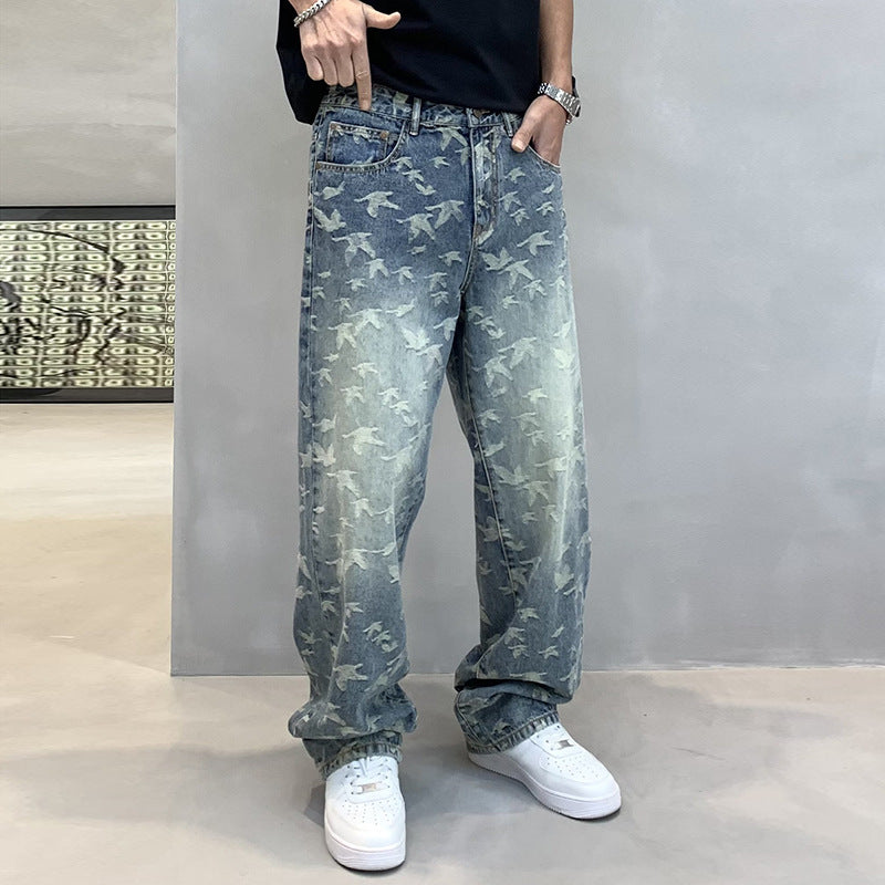 Men's Personalized Bird Jacquard Embroidery Denim Straight-leg Pants - Nyaabs