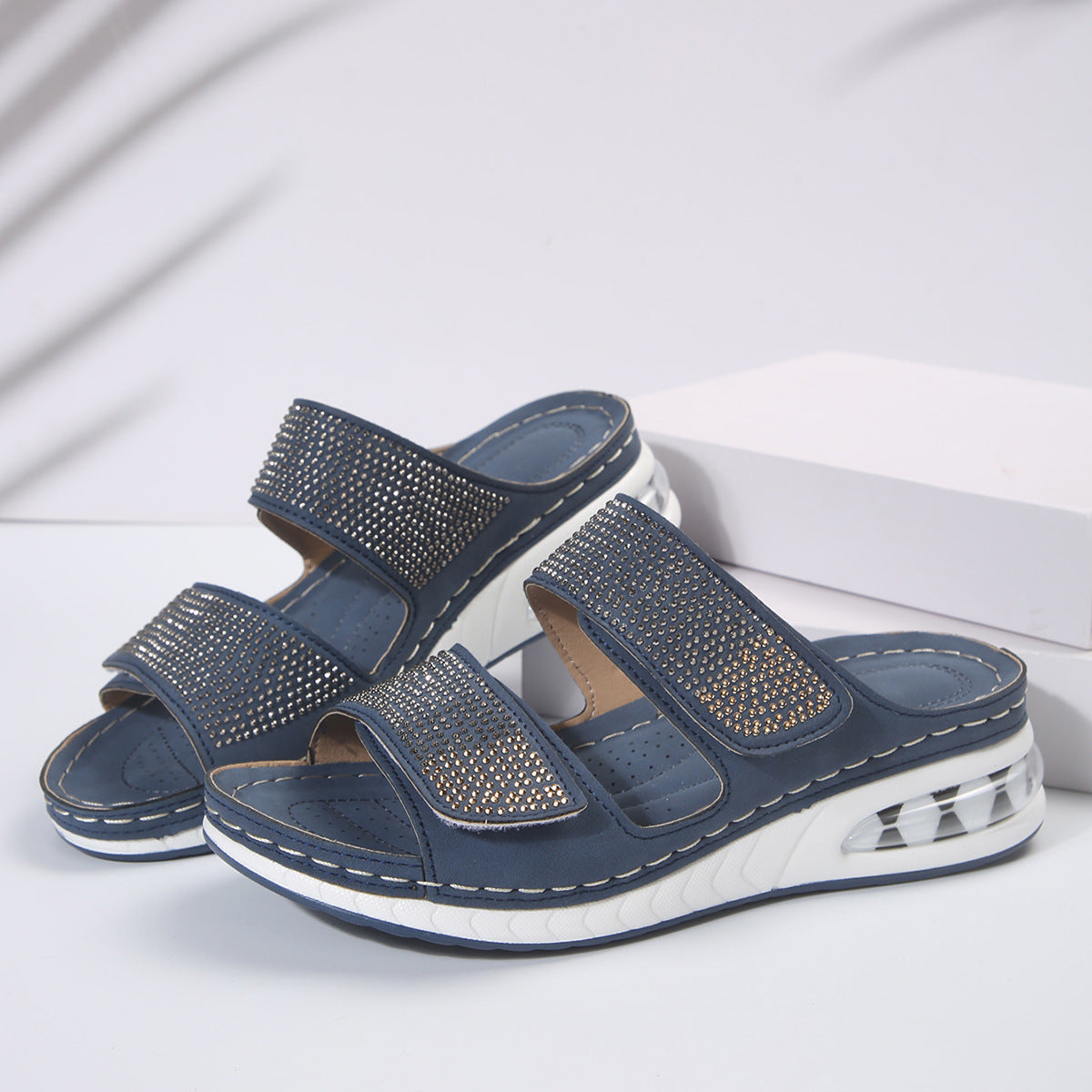 New Air Cushion Wedges Sandals Summer Casual Rhinestone Slides Roman Sandals For Women Non-slip Beach Shoes - Nyaabs