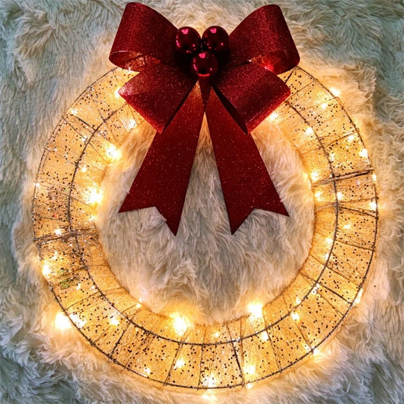 Christmas Garland 50CM Luminous LED Warm Light Metal Luminous Wreath With Big Bowknot Christmas Front Door Home Holiday Party Door Hanging Decor - Nyaabs