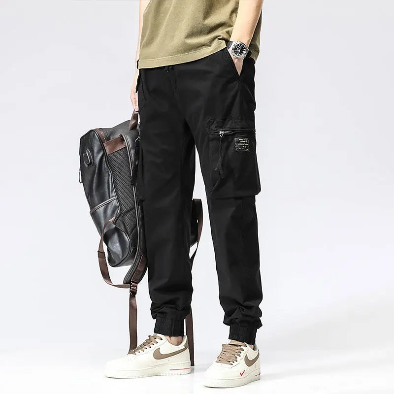 Casual Pants Trendy Brand Elastic Waist Men's Youth Simple Pure Cotton Multi-pocket Work Pants Trousers Ankle-tied - Nyaabs