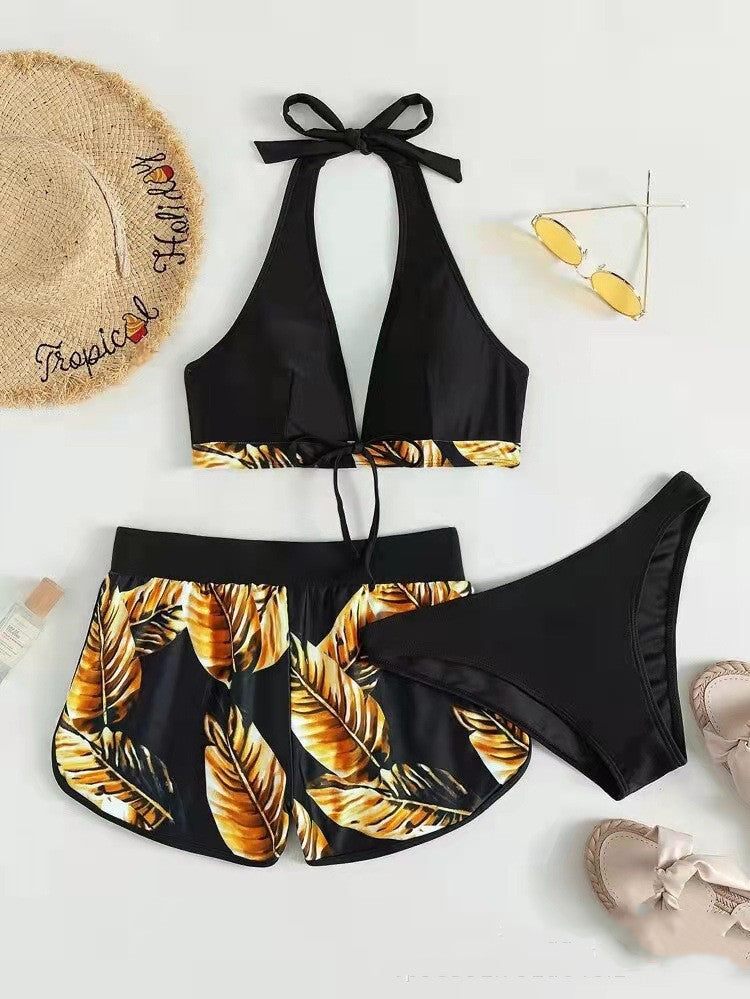 3pcs Leaf Print Bikini With Shorts Fashion Summer Beach Swimsuit Womens Clothing - Nyaabs