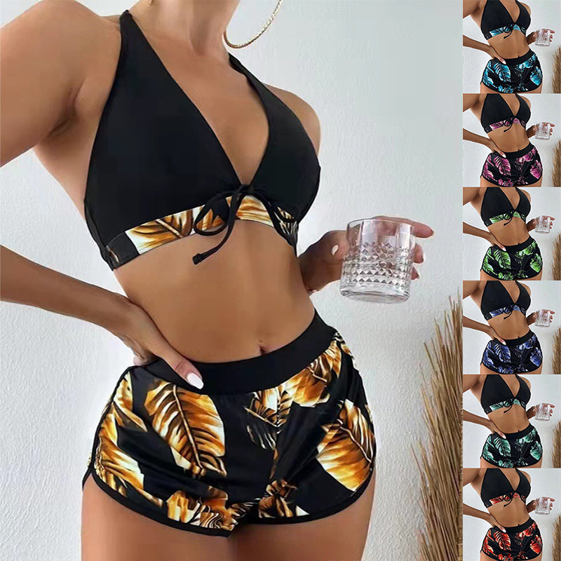 3pcs Leaf Print Bikini With Shorts Fashion Summer Beach Swimsuit Womens Clothing - Nyaabs