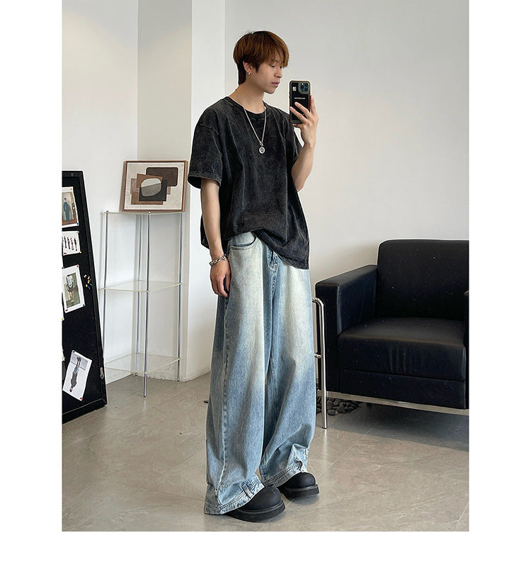 Retro Reverse Pocket Flip-down Jeans Men's Washed Wide-leg Pants - Nyaabs