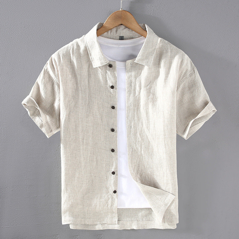 Men's Woven Fine Plaid Linen Short Sleeved Shirt - Nyaabs