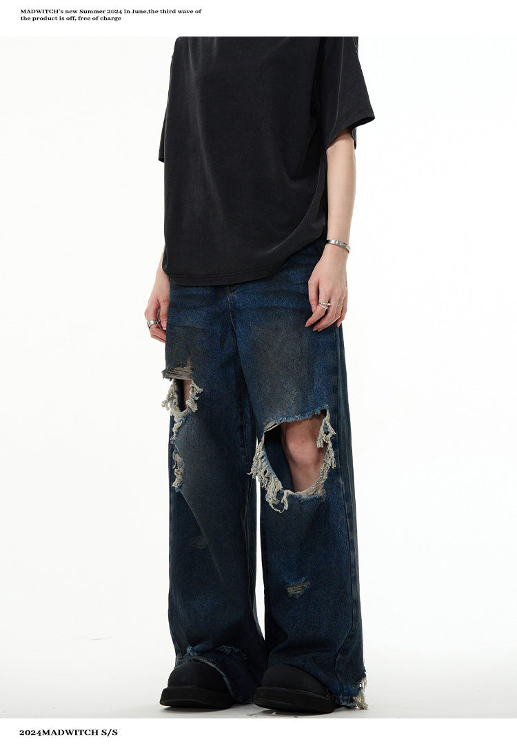 American Retro Make Old Ripped Design Mopping Jeans - Nyaabs