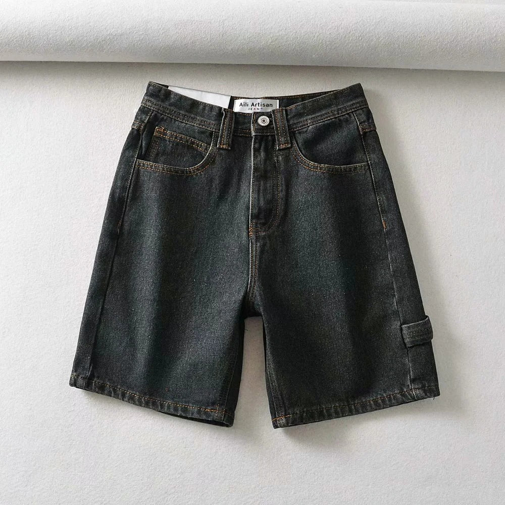 High Waist Making Legs Look Long Workwear With Pocket Denim Shorts - Nyaabs