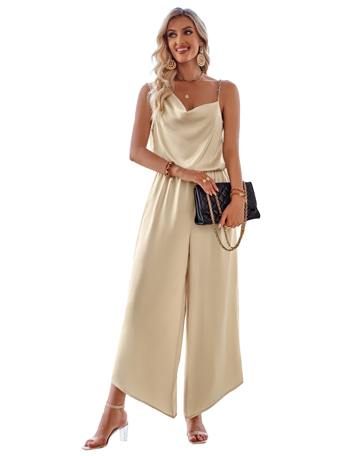 Fashion Casual Solid Color Suspender Waist Wide Leg Jumpsuit nyaabs.com