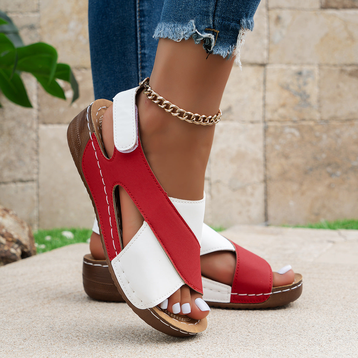 Summer Wedges Sandals With Colorblock Cross-strap Design Casual Thick-soled Roman Shoes For Women - Nyaabs