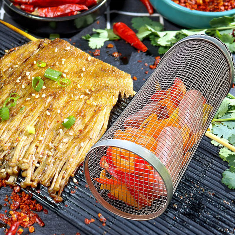 Rolling Grilling Basket Metal BBQ Barbecue Basket Net Portable Outdoor Camping Barbecue Rack Kitchen Gadgets nyaabs.com