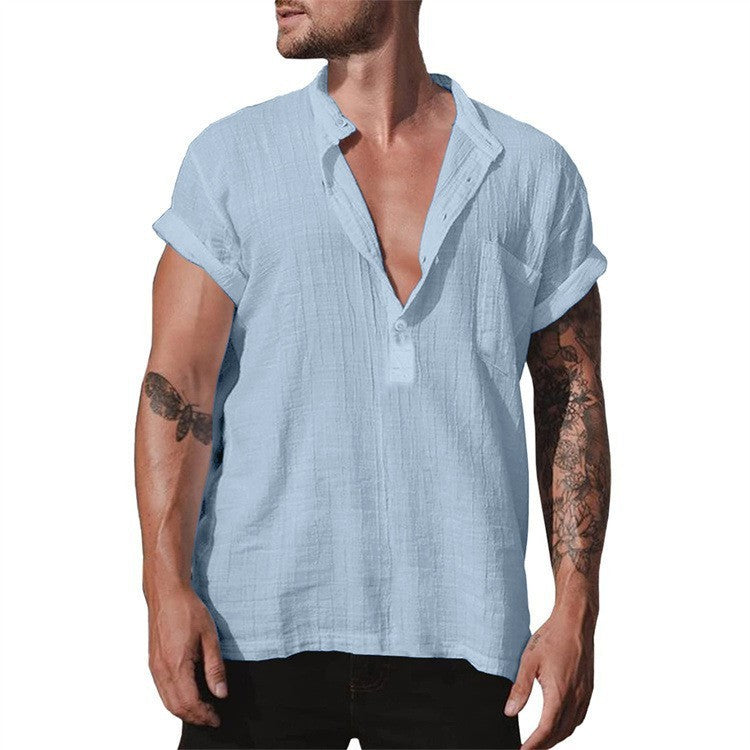 Loose Stand Neck Solid Color Pocket Short Sleeve Shirt My Store