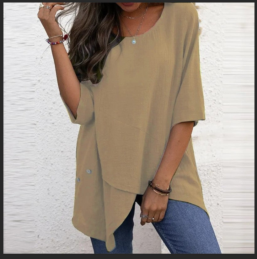 Cotton Linen Round-neck Irregular Shirt Half Sleeve Shirt - Nyaabs