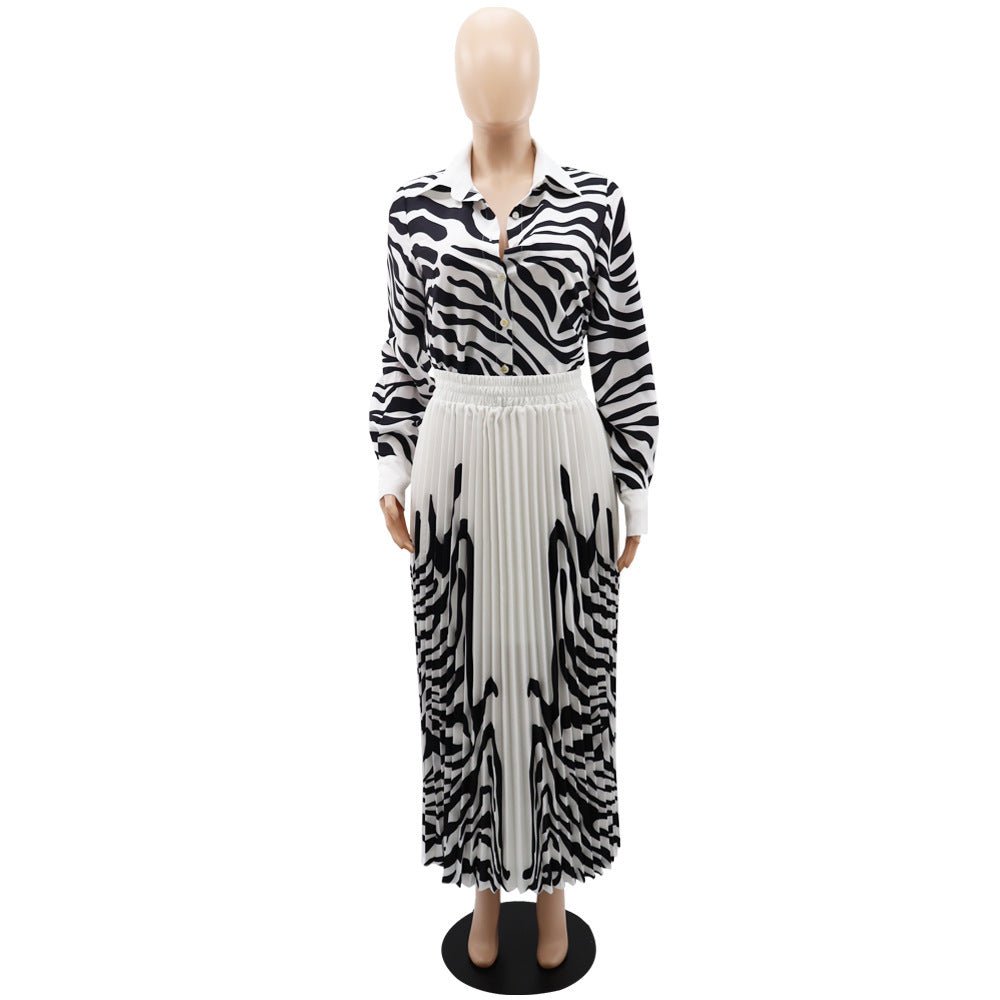 Zebra Print Long Sleeve Shirt Casual Pleated Skirt Spring And Summer Two-piece Set - Nyaabs