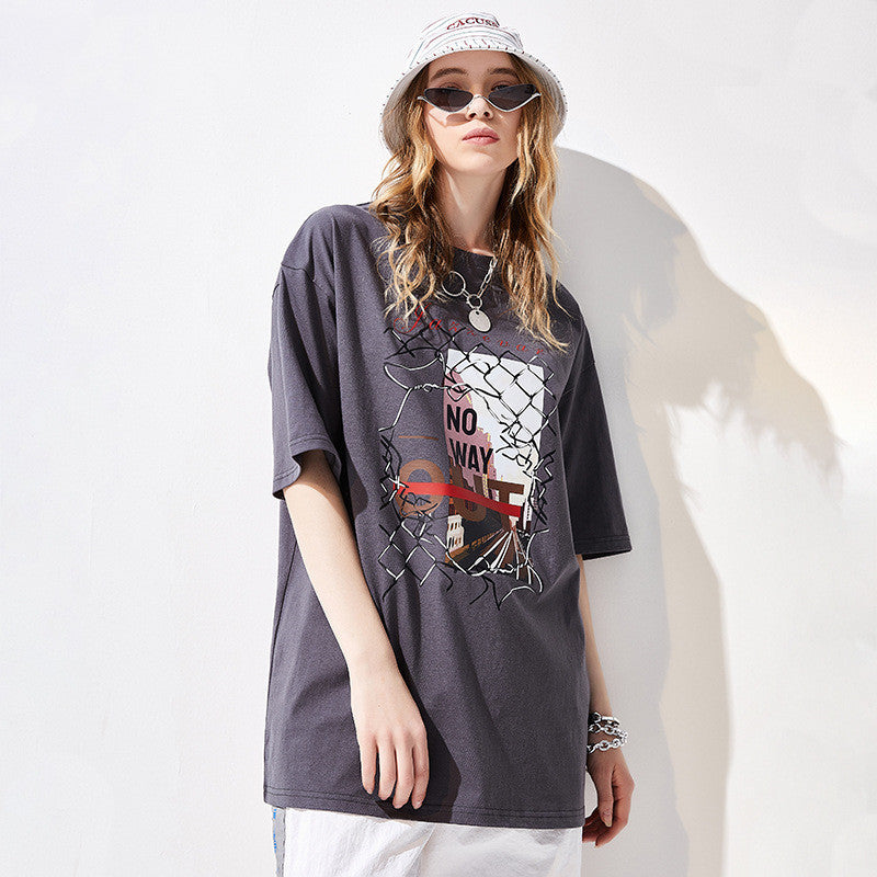 Printed Short Sleeve T-shirt Loose Casual European And American Cotton Top - Nyaabs