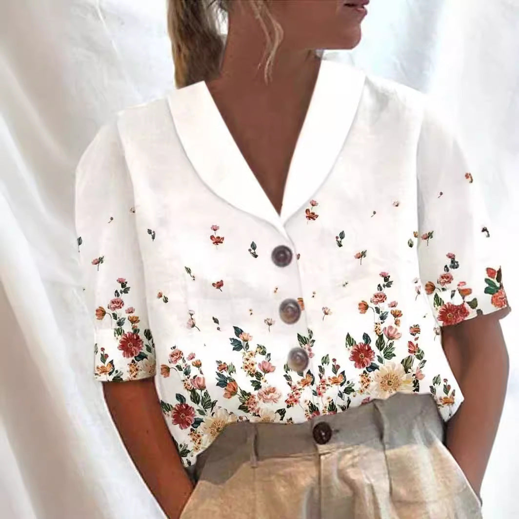 Women's Stand Collar Button Casual Half-sleeve Cotton And Linen Printed Short-sleeved Shirt - Nyaabs