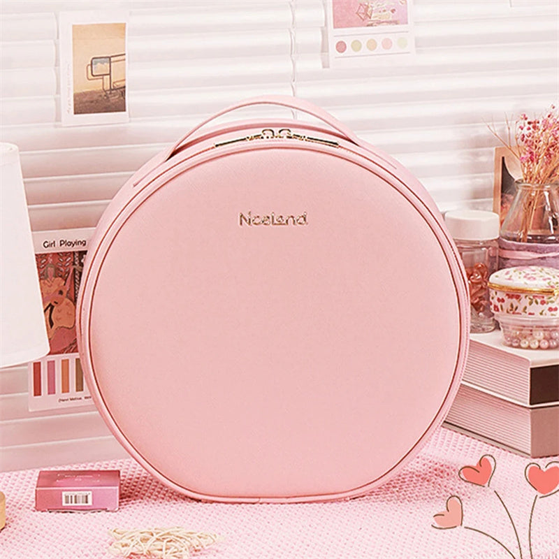 Round Smart LED Makeup Bag With Mirror Lights Women Beauty Bag Large Capacity PU Leather Travel Organizers Cosmetic Case - Nyaabs