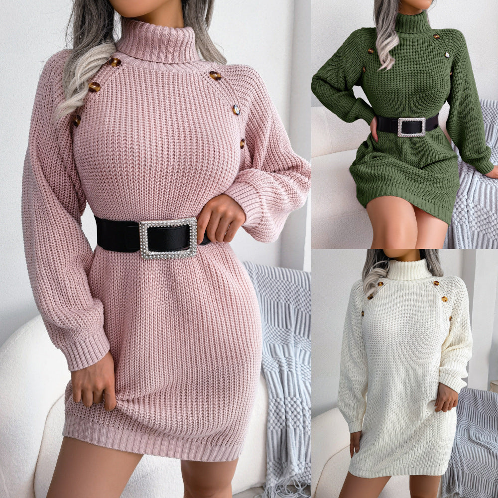 Winter Turtleneck Long Sweater Dress With Button Design Leisure Clinch Long Sleeve Base Sweater Women - Nyaabs