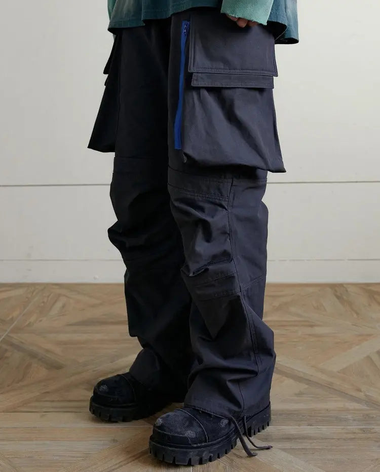 Multi-pocket Contrast Zip Casual Baggy Pants - Nyaabs