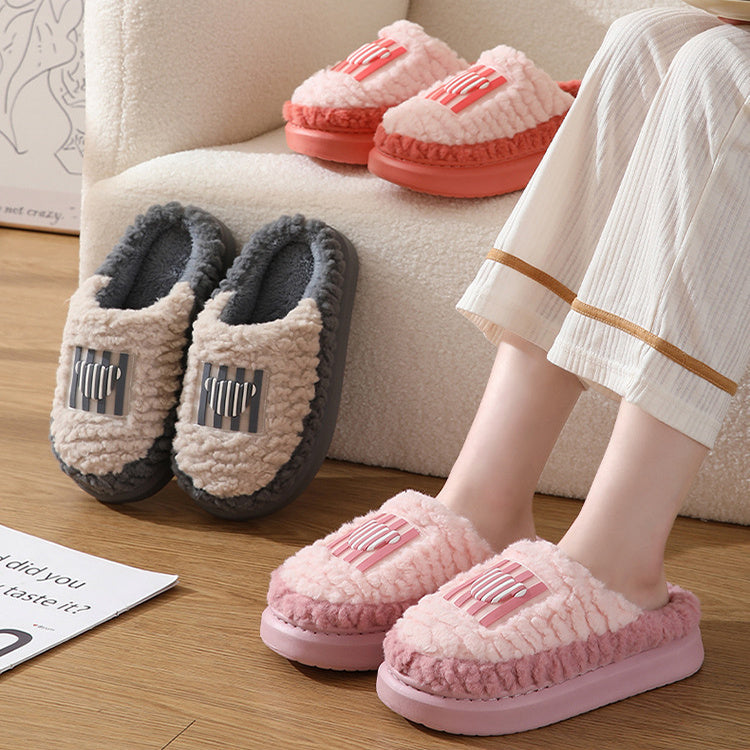 New Color-matching Lamb Slippers Indoor Couple Non-slip Floor Bedroom Slipper Winter Warm House Shoes For Women Men - Nyaabs