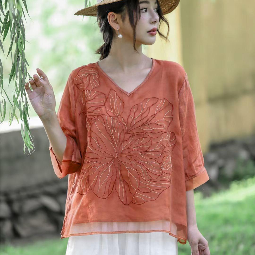 Machine Embroidery Cotton And Linen Shirt For Women nyaabs.com