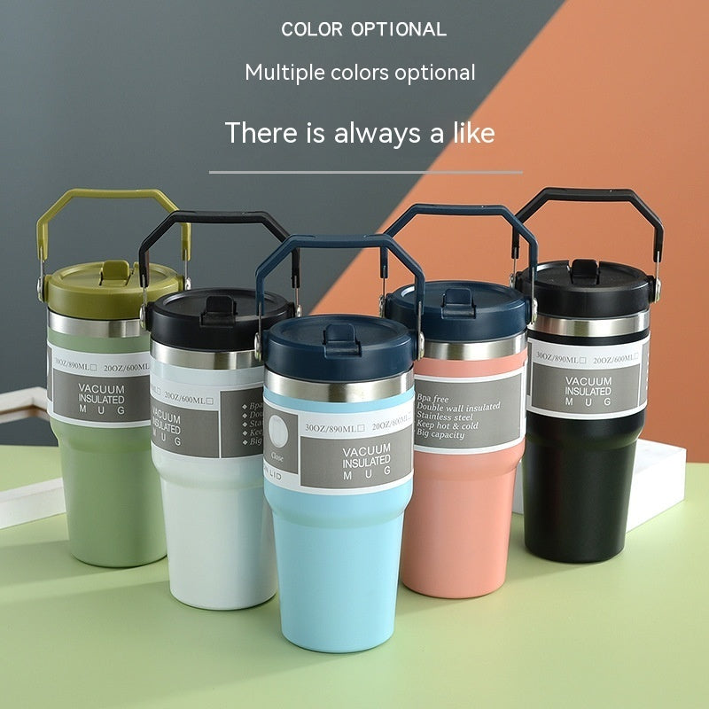 Portable Car Cup Stainless Steel Cup Travel Sports Water Bottle With Handle Cover Coffee Tumbler Cup - Nyaabs