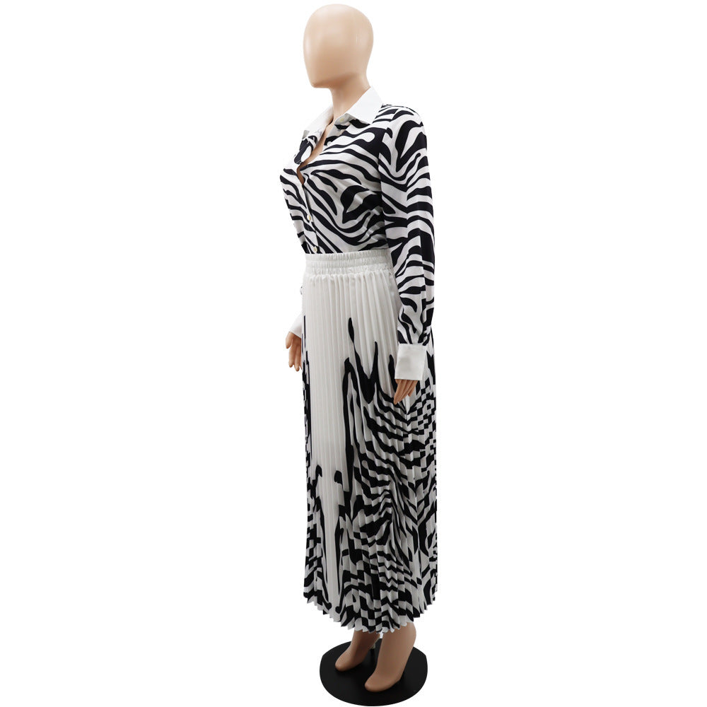 Zebra Print Long Sleeve Shirt Casual Pleated Skirt Spring And Summer Two-piece Set - Nyaabs