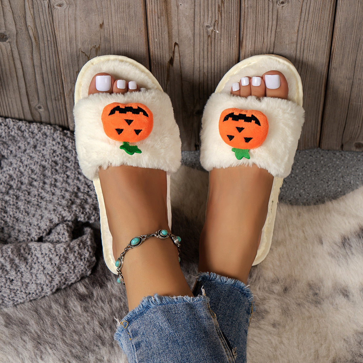 Halloween Cute Pumpkin Plush Slippers Home Indoor Open Toe Shoes Winter Warm Bedroom Slippers For Women - Nyaabs