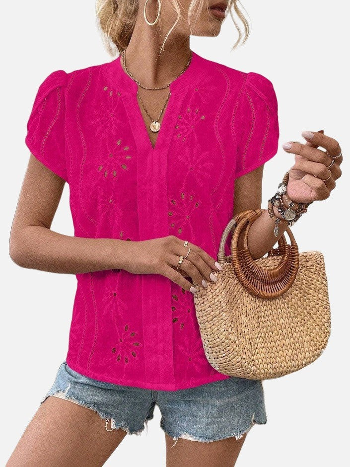 Women's Solid Color Hollow Embroidered Top - Nyaabs