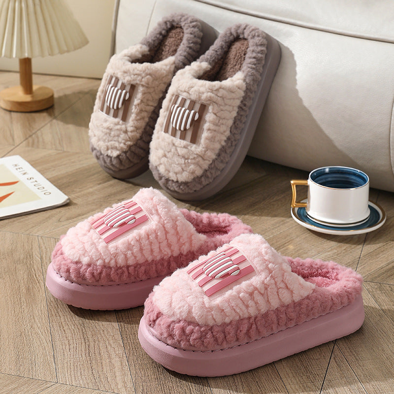 New Color-matching Lamb Slippers Indoor Couple Non-slip Floor Bedroom Slipper Winter Warm House Shoes For Women Men - Nyaabs