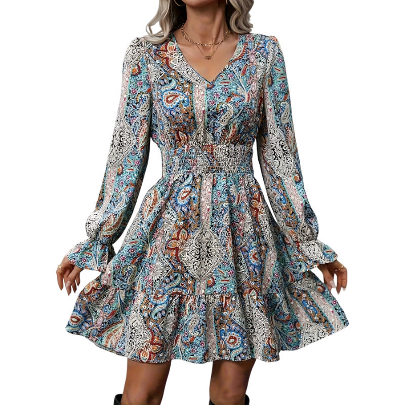 Women's Casual Printed V-neck Long Sleeved Dress nyaabs.com