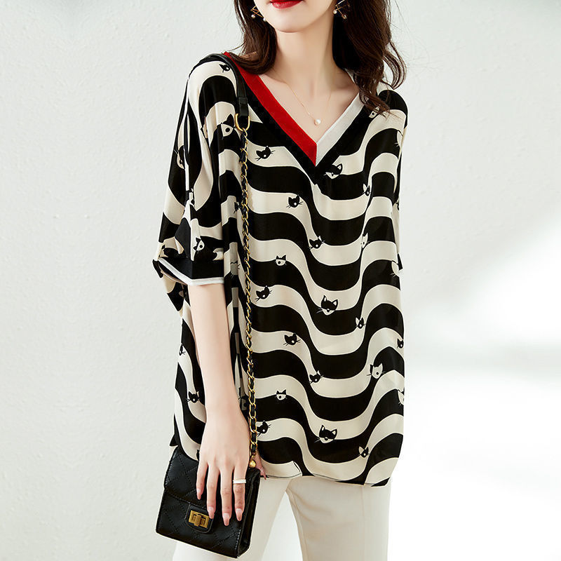 Striped Half Sleeve New Chiffon Shirt Women nyaabs.com