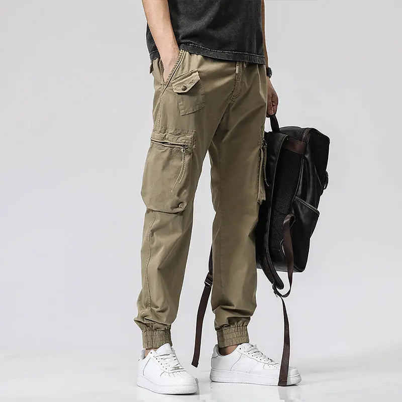 Casual Pants Trendy Brand Elastic Waist Men's Youth Simple Pure Cotton Multi-pocket Work Pants Trousers Ankle-tied - Nyaabs