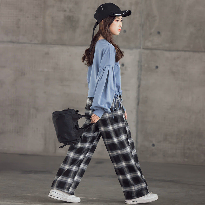 Girls' Suits Western Style Korean Children's Clothing Trendy Plaid Trousers Big Kids - Nyaabs