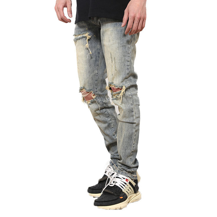 Ripped Washed Elastic Mid-waist Denim Trousers - Nyaabs