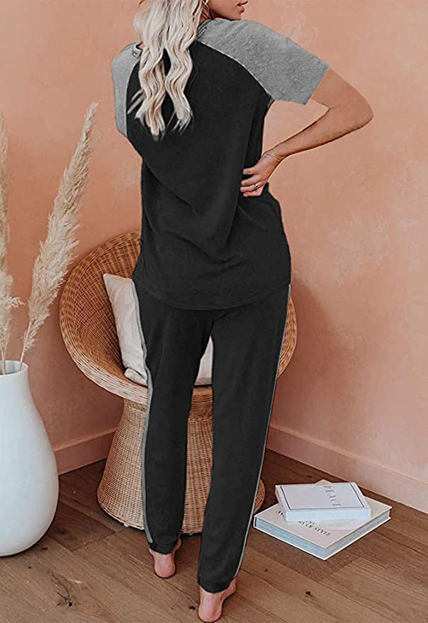 Solid Color Stitching Fashion Round Neck Short Sleeves Casual Suit - Nyaabs