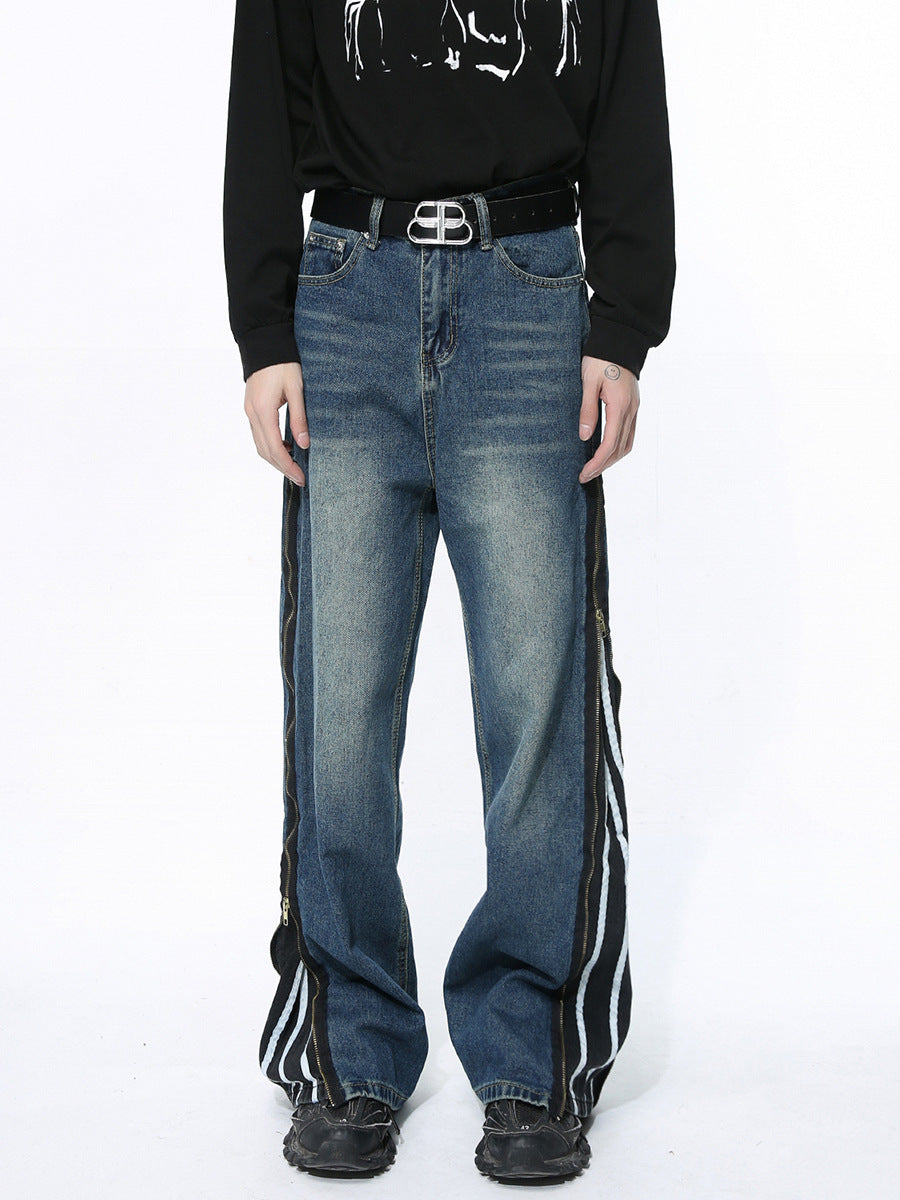 American Style Retro Patchwork Zipper Design Sense Denim Fashionable Trousers - Nyaabs