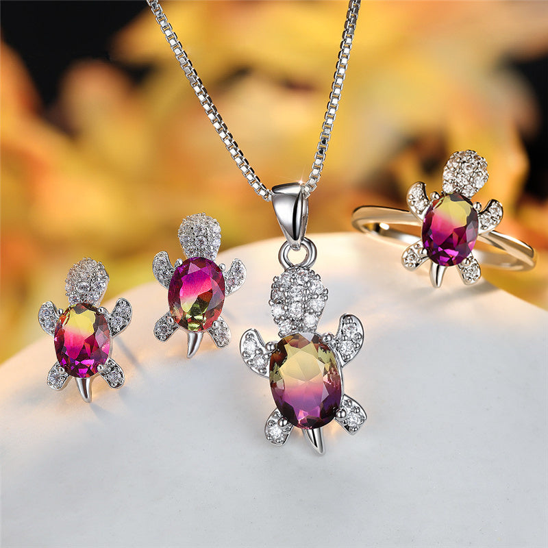 Fashion Oval Zircon Pendant Turtle Shape Necklaces With Rainbow Stone Multicolor Animal Necklace Jewelry For Woman And Children - Nyaabs