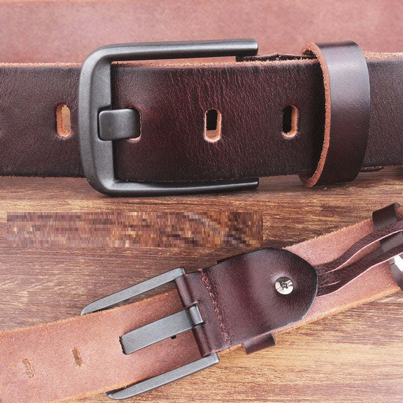 Leather Head Layer Pure Cowhide Wide Pin Buckle Belt - Nyaabs