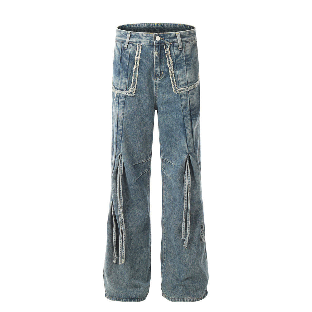 Drawstring Ruffle Design Sense Denim Trousers Men - Nyaabs