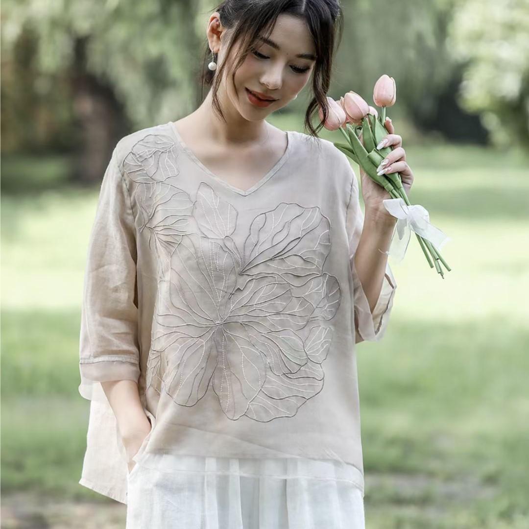 Machine Embroidery Cotton And Linen Shirt For Women nyaabs.com