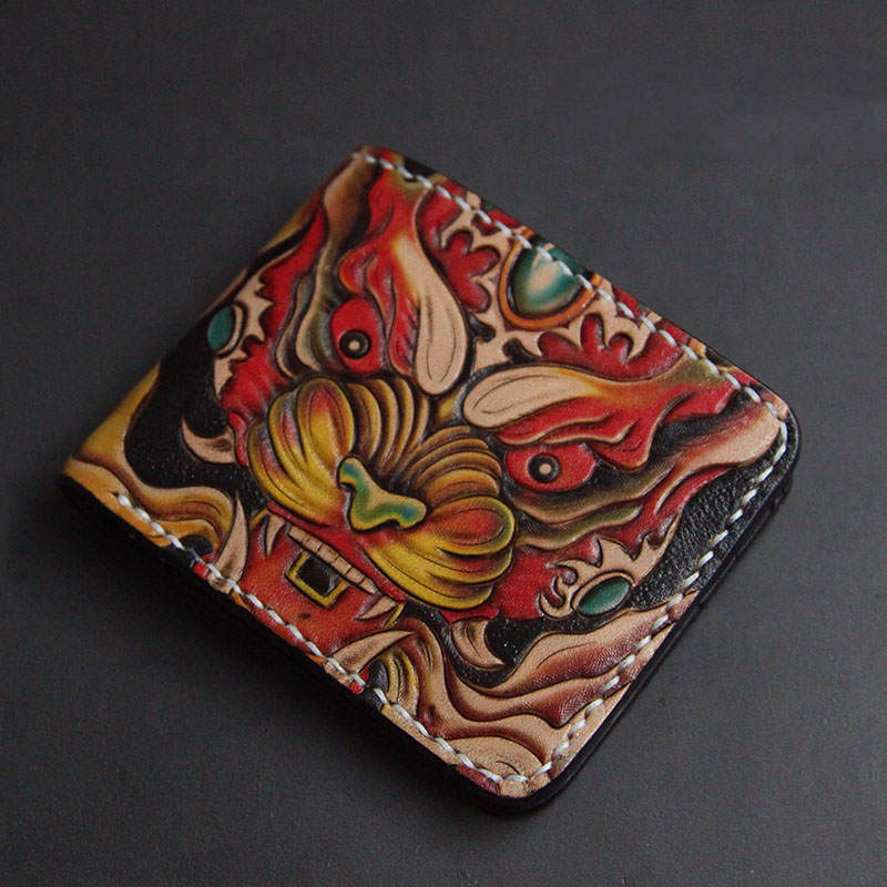 First Layer Cowhide Handmade Leather Carving Wallet Short Carp Couple Gift - Nyaabs