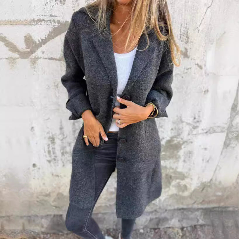 Lapel Single Breasted Cardigan With Pockets Fashion Color Solid Mid-Length Outwear Coat Womens Clothing - Nyaabs