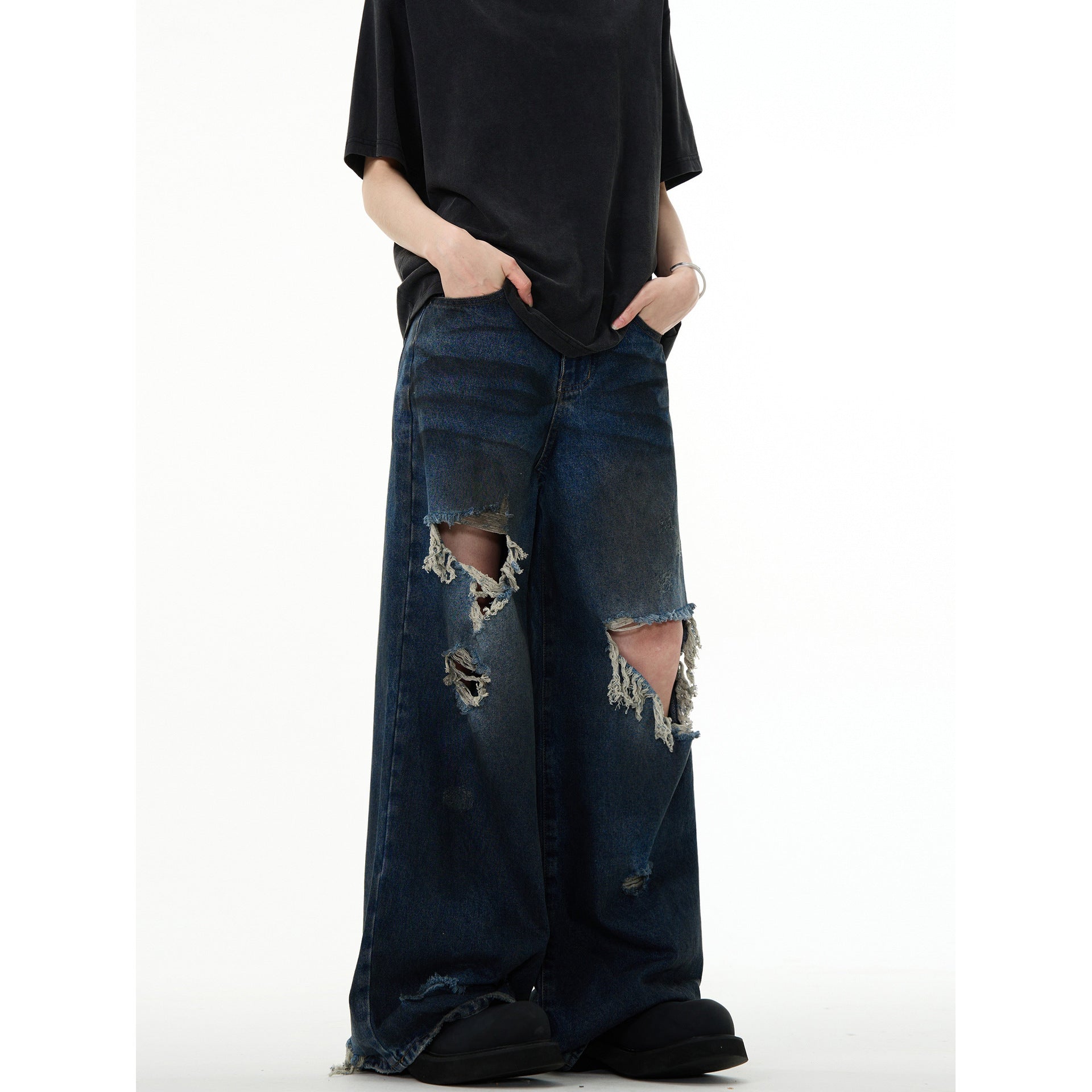 American Retro Make Old Ripped Design Mopping Jeans - Nyaabs