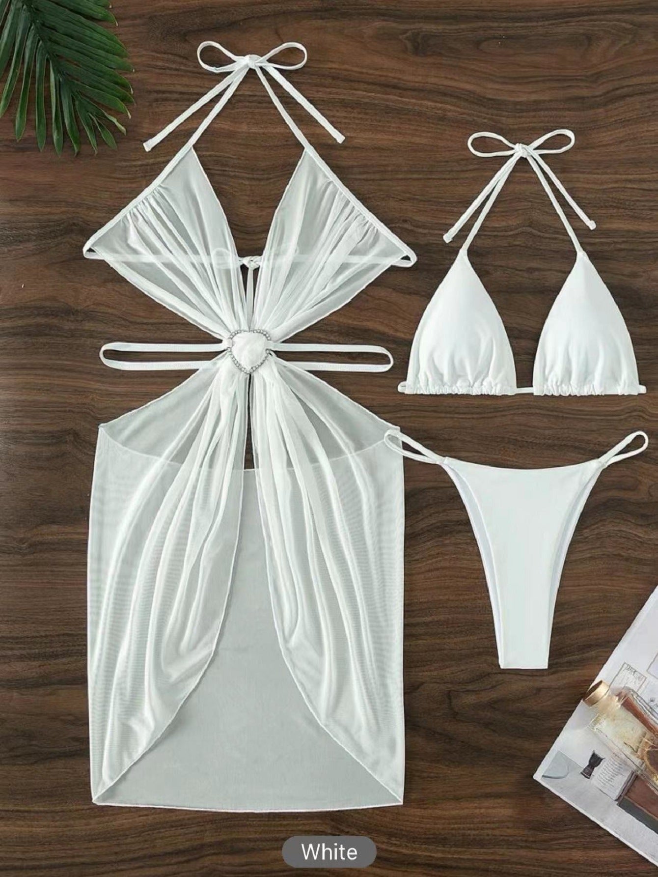 3pcs Halter Neck Bikini Beach Summer Solid Color Split Swimsuit Womens Clothing - Nyaabs