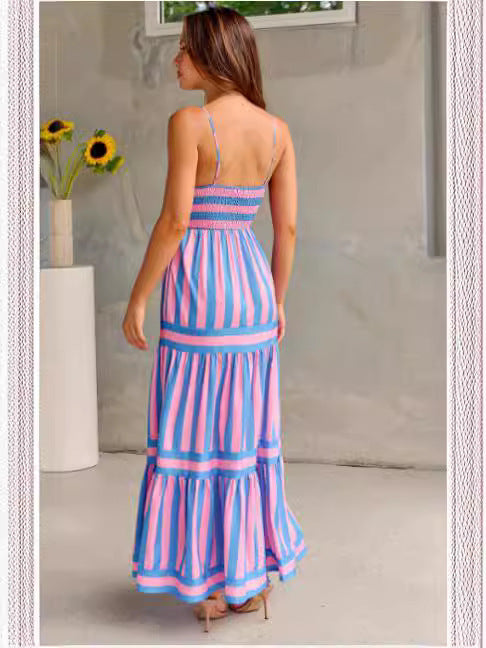 Summer Striped Printed Suspender Long Dress With Pockets Fashion Square Neck Backless Dresses For Beach Vacation Women Clothing - Nyaabs