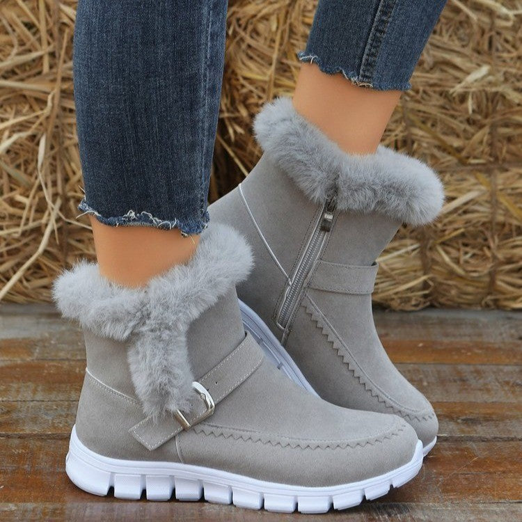 New Snow Boots Winter Warm Thickened Solid Color Plush Ankle Boots With Buckle Design Plus Velvet Flat Shoes For Women - Nyaabs